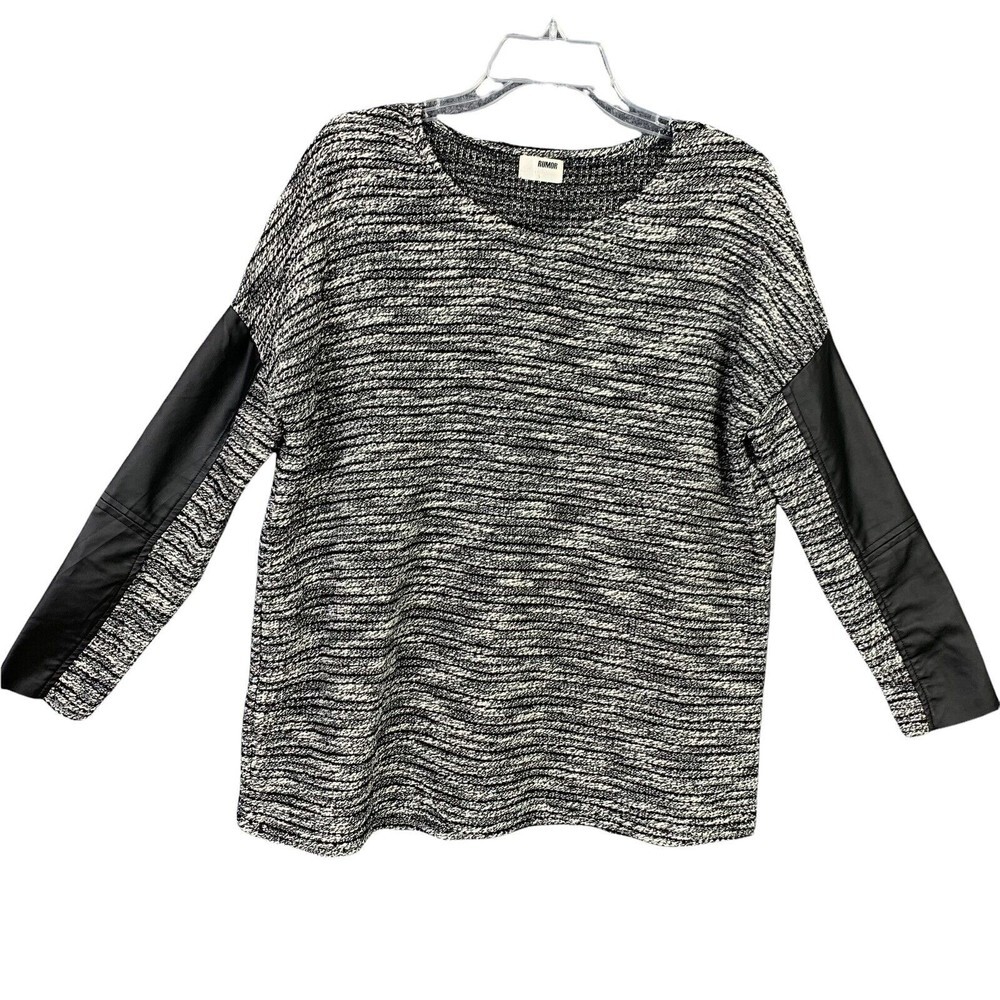 Rumor Boutique Tweed Sweater Women Small Faux Leather Sleeve Detail